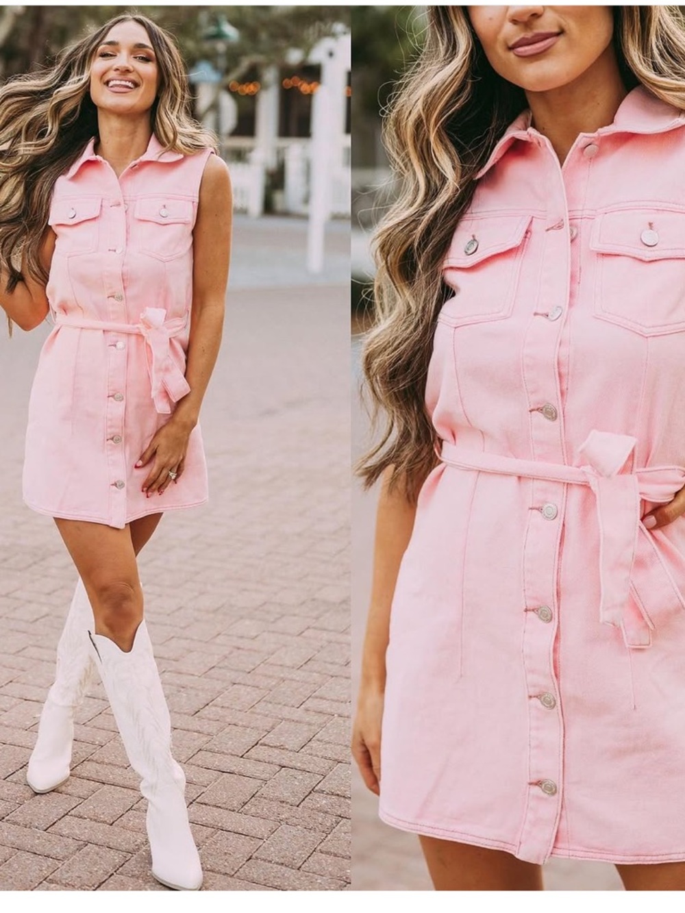 Light Pink Denim Dress with Waist Tie Country Girly Western Concert Size M